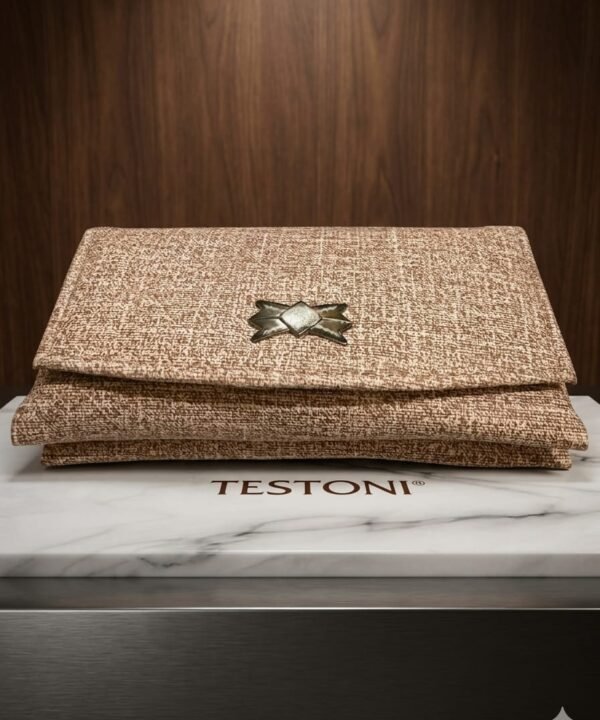 Woven Tan Bow-Clasp Clutch